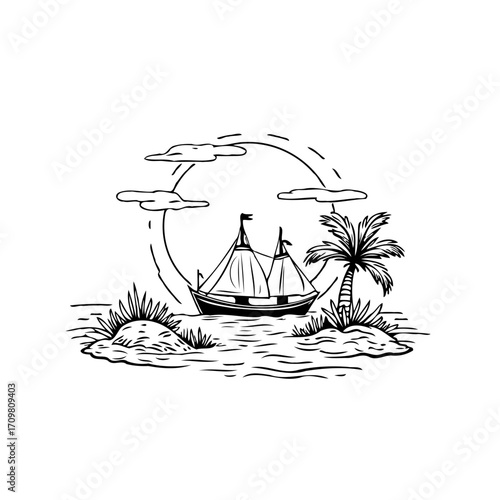 Monochrome sailing vessel illustration under a cloudy sky and rising sun with a palm tree on a
