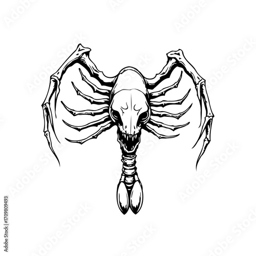 Monochrome skeletal creature with clawed limbs and segmented tail against a stark white backdrop,