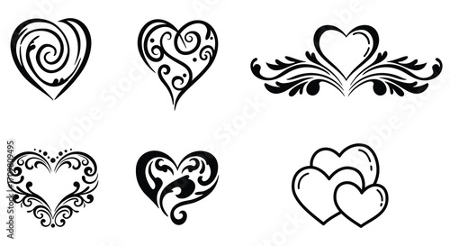 Collection of ornate black heart designs and swirling romantic artwork