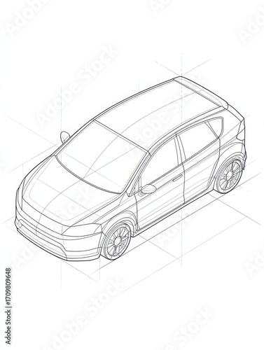 Car Line Drawing: An intricate isometric illustration of a modern hatchback car, showcasing clean lines and a sleek design.