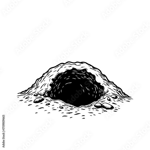 Monochrome sketch depicting a terrestrial burrow entrance surrounded by dirt and scattered stones
