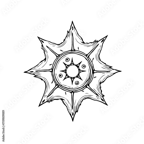 Monochrome sketch of celestial sun element symbol with rays and cosmic design in center hand-drawn
