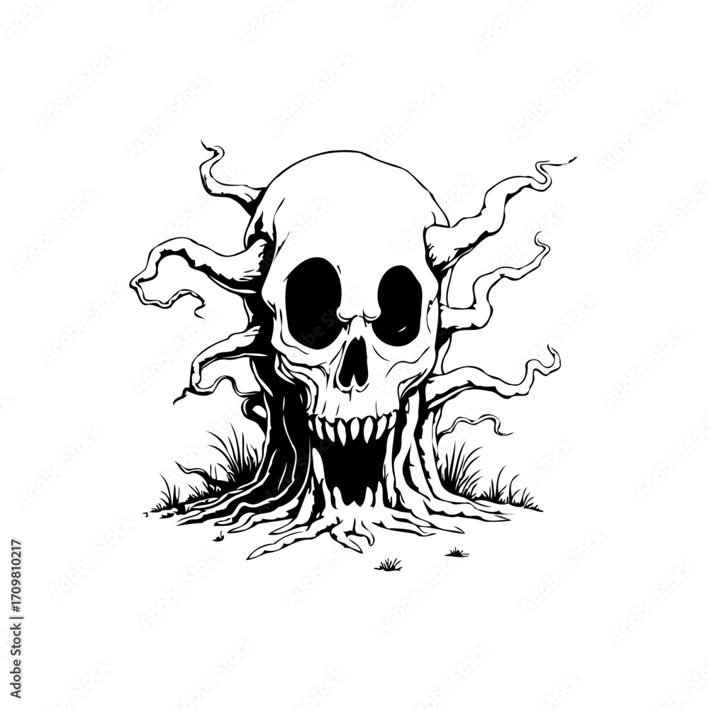 Obraz premium Monochrome skull tree illustration showcasing macabre growth and ominous presence against a bright