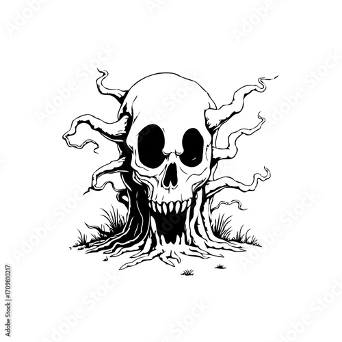 Monochrome skull tree illustration showcasing macabre growth and ominous presence against a bright
