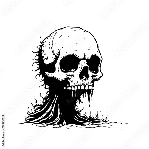Monochrome skull with melting features representing decay or transformation in stark artistic style