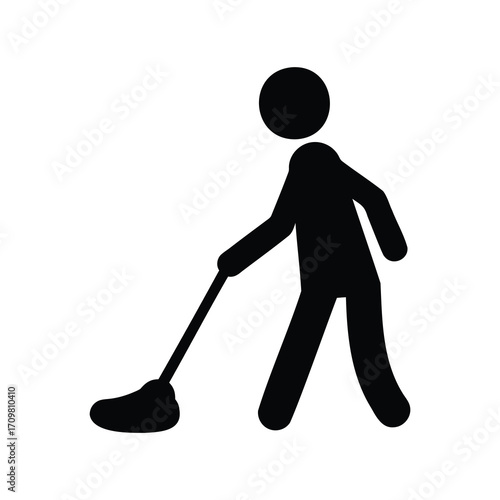 Black silhouette of a person mopping the floor on a white background