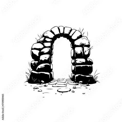 Monochrome stone archway illustration with textured blocks showing ancient pathway design and