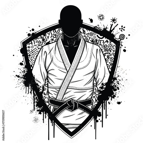 Black and white illustration of a person in a martial arts uniform, with a shield background.