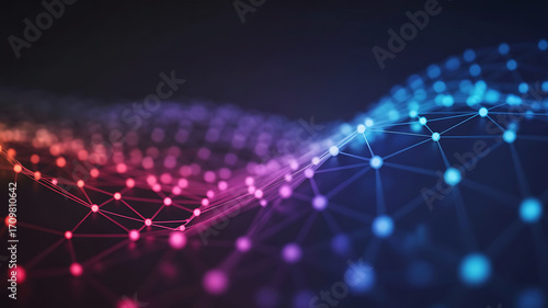Abstract digital network of glowing nodes and lines in vibrant pink and blue hues on a dark background