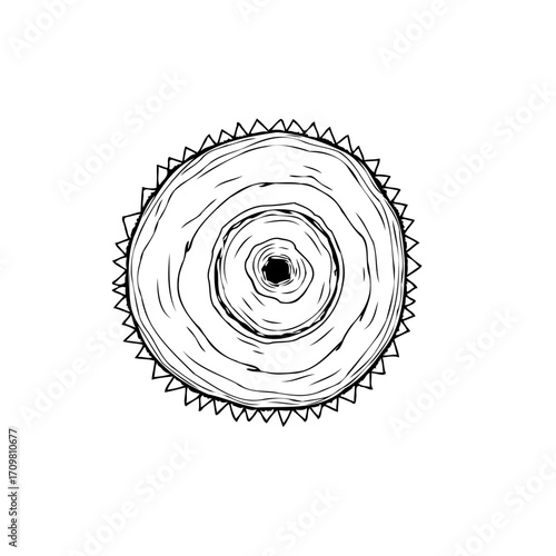 Monochrome tree trunk slice illustration showcasing concentric rings and radial saw tooth bark