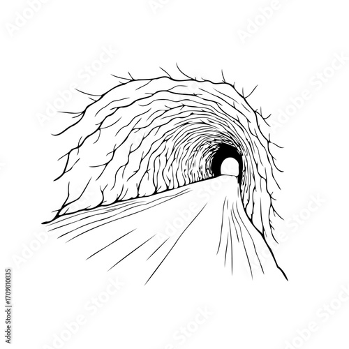 Monochrome tunnel illustration with organic textures representing a path forward through