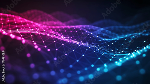 Abstract glowing digital network of interconnected nodes and lines in vibrant pink and blue hues on a dark background