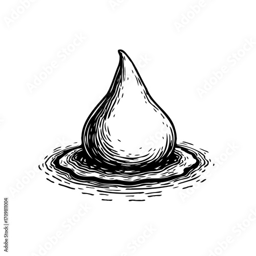 Monochrome water drop artwork with detailed ripple illustration on a clean white background