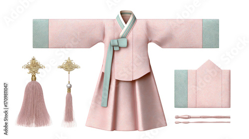 Minimalist layout of hanbok parts: jeogori, chima, norigae,Transparent background, PNG file