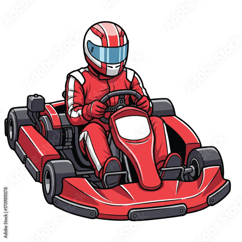 A cartoon illustration of a person driving a red go-kart.