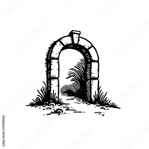 Mysterious archway engraving, hinting at secrets, inviting exploration, ancient stone passage