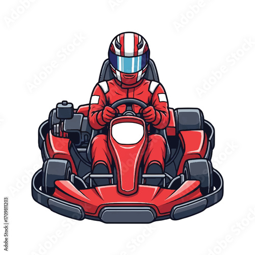 Illustration of a kart racer in a red racing suit, helmet, and vehicle, ready to compete.