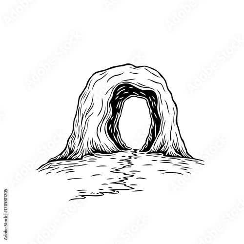Mysterious cave entrance drawing beckons exploration into uncharted dark depths of the earth path