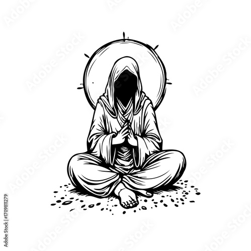 Mysterious hooded figure in meditative pose radiating spiritual energy black and white enigmatic