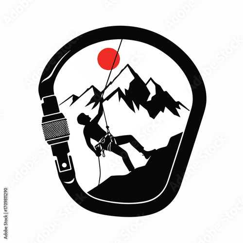 Silhouette of a climber rappelling down a mountain inside a carabiner with a red sun in the background.