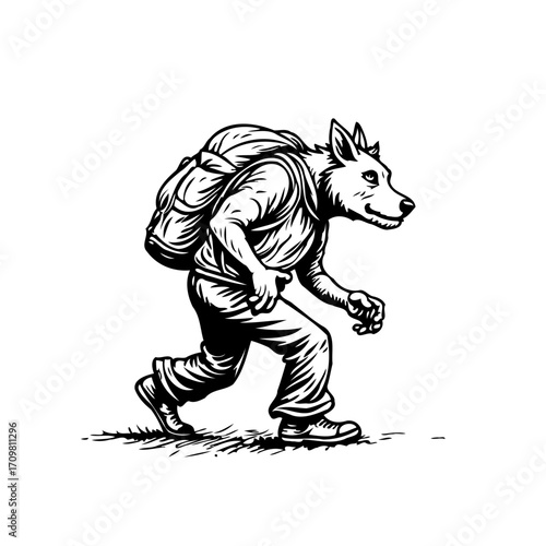 Mysterious journey: Anthropomorphic wolf traversing unseen paths carrying a hefty backpack on its