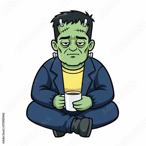 A tired, green-skinned Frankenstein's monster cartoon character sitting cross-legged and holding a mug of coffee.