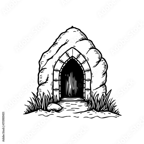 Mysterious stone archway entrance with a dark opening nestled among rocks and wild grass