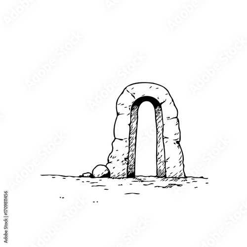 Mysterious stone archway drawing evokes a sense of ancient mystery and passage sketch style line art