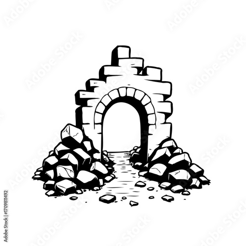Mysterious Stone Archway with Ancient Ruins and Rocky Piles Evokes Wonder and Curiosity through