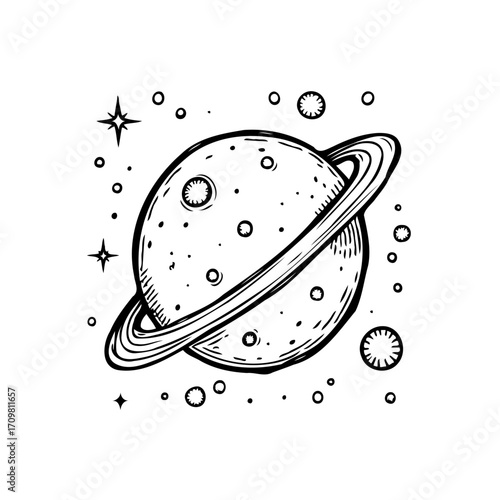 Mystical celestial sphere amidst cosmic dust and distant stars in a minimalist illustration
