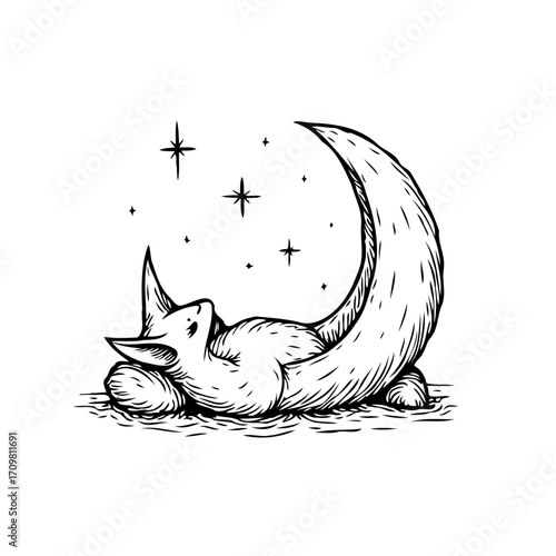Mystical creature beneath crescent moon design showcasing fantasy elements for graphic use,