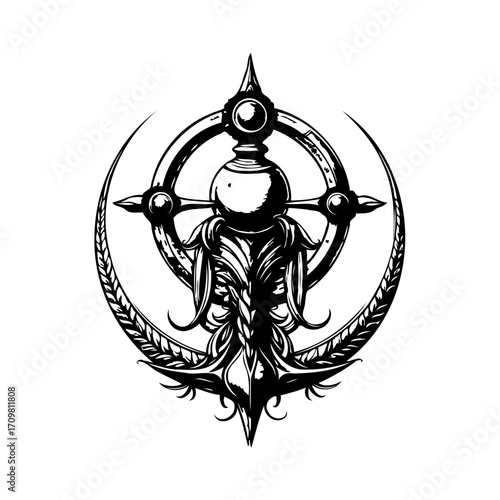 Mystical emblem design with celestial elements radiates spiritual intrigue and symbolic depth for