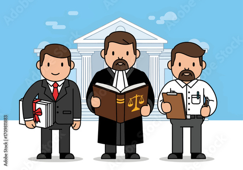 A cartoon illustration depicts a legal team—a judge, a lawyer, and a clerk—standing together in front of a classical courthouse, representing the justice system