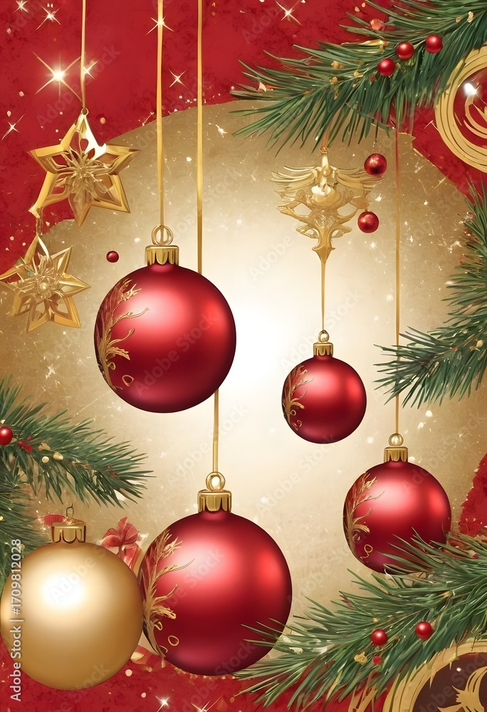 Fototapeta premium Christmas ornaments with pine branches, holiday decoration, New Year 2026