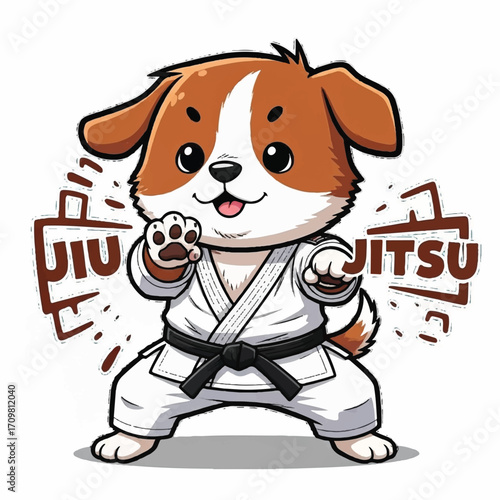 A cute cartoon puppy wearing a white gi with a black belt, striking a martial arts pose with "Jiu Jitsu" written in Japanese characters behind it.