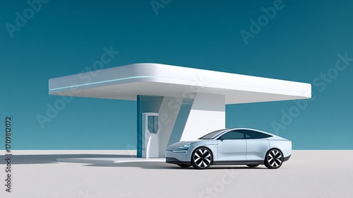electric vehicle charging at minimal futuristic station, white clean parking background, wide copyspace
