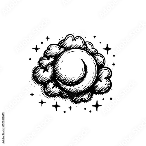 Mystical sky illustration with celestial orb embraced by whimsical cloud formations and twinkling