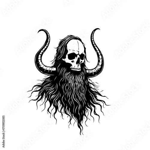 Mystical skull with long wavy hair and curled horns evokes ancient legends and dark fantasy worlds