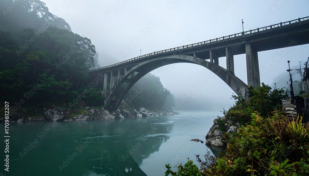 Naklejka premium Misty Mountain Arch Bridge Over River