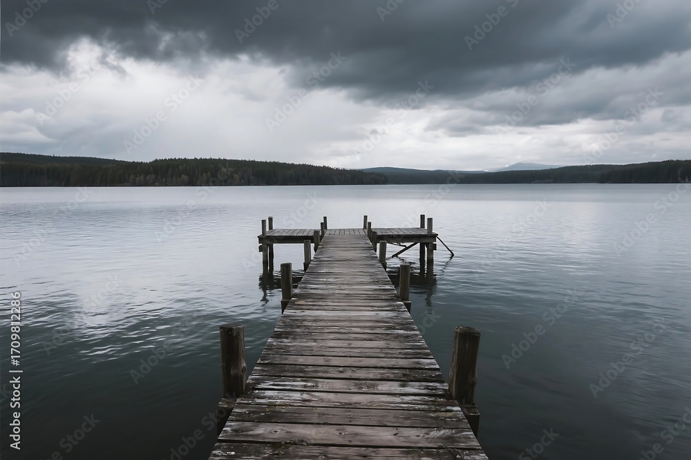 Fototapeta premium Pier on a calm lake with wooden dock and blue sky in nature landscape