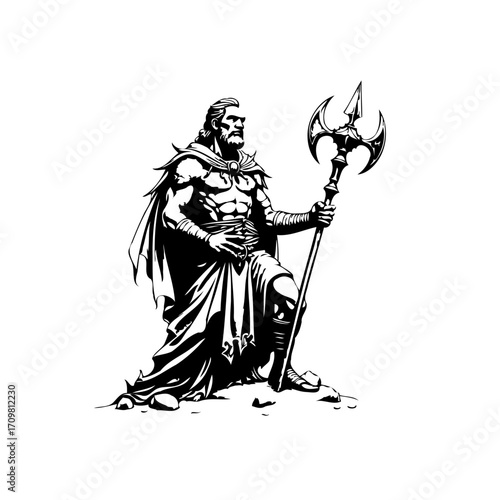 Mythological warrior king wielding ancient weapon with intricate design stands boldly in heroic