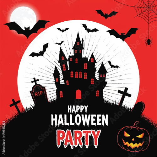 Halloween party invitation featuring a spooky castle silhouette against a red background with a full moon and bats.