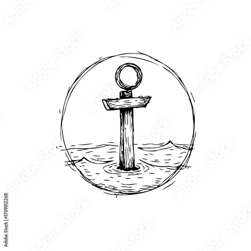 Nautical sketch showcasing a vintage anchor encircled by turbulent ocean waves evoking maritime
