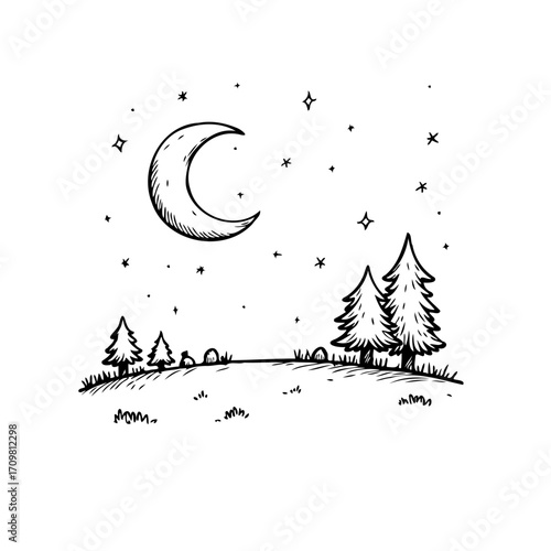 Nighttime landscape illustration showcasing crescent moon illuminating serene nature scene under