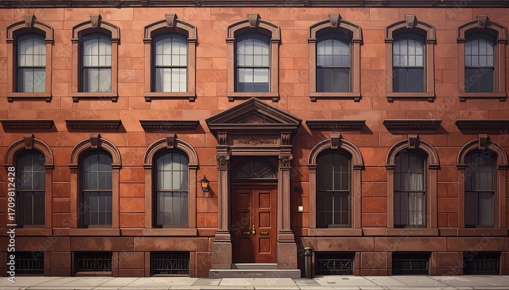 Fototapeta premium Brownstone Facade with Windows and Architectural Details in Brick Building with Dim Street and Exterior of Urban Building under Cloudy Sky