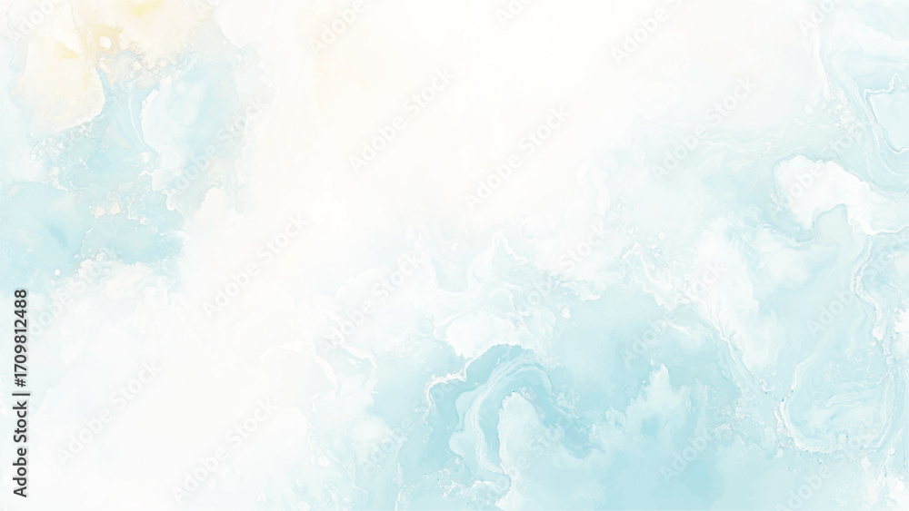 Textured on wet white paper watercolor, Light sky blue brush painted watercolor background. Blue SKY with light of sunshine having small and large clouds