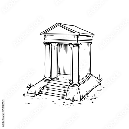 Ornate classical temple illustration standing in isolated landscape providing an antique