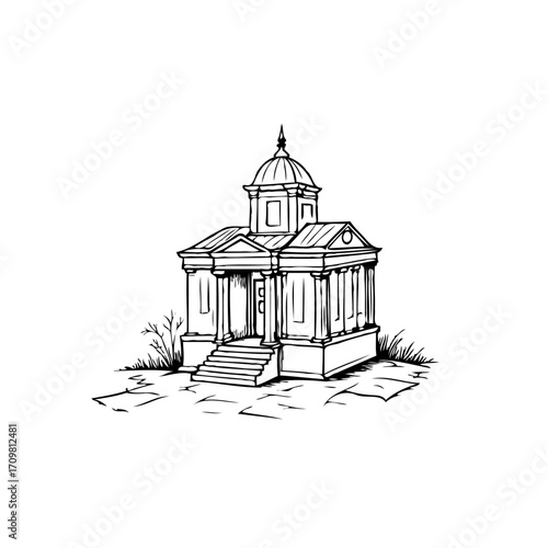 Ornate mausoleum structure with dome and stairs elegant hand drawn illustration architecture