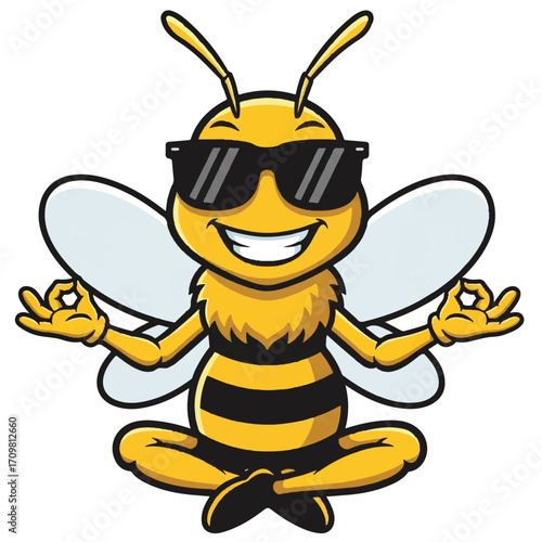 Cartoon bee with sunglasses meditating in lotus position.