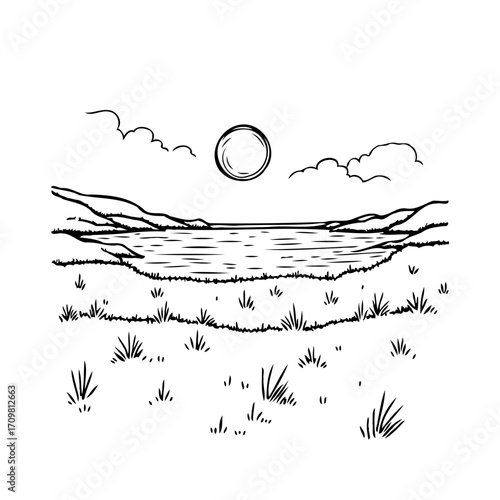 Peaceful lakeside sketch evoking tranquility and nature's charm with gentle mountains, clouds, and